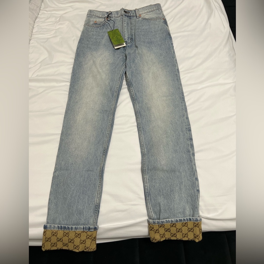 Men’s Brand New Gucci Roll Up Monogram Light Wash Straight Jeans Size 30